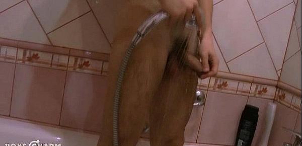 Hot boy spreads bath gel over his toned teen body